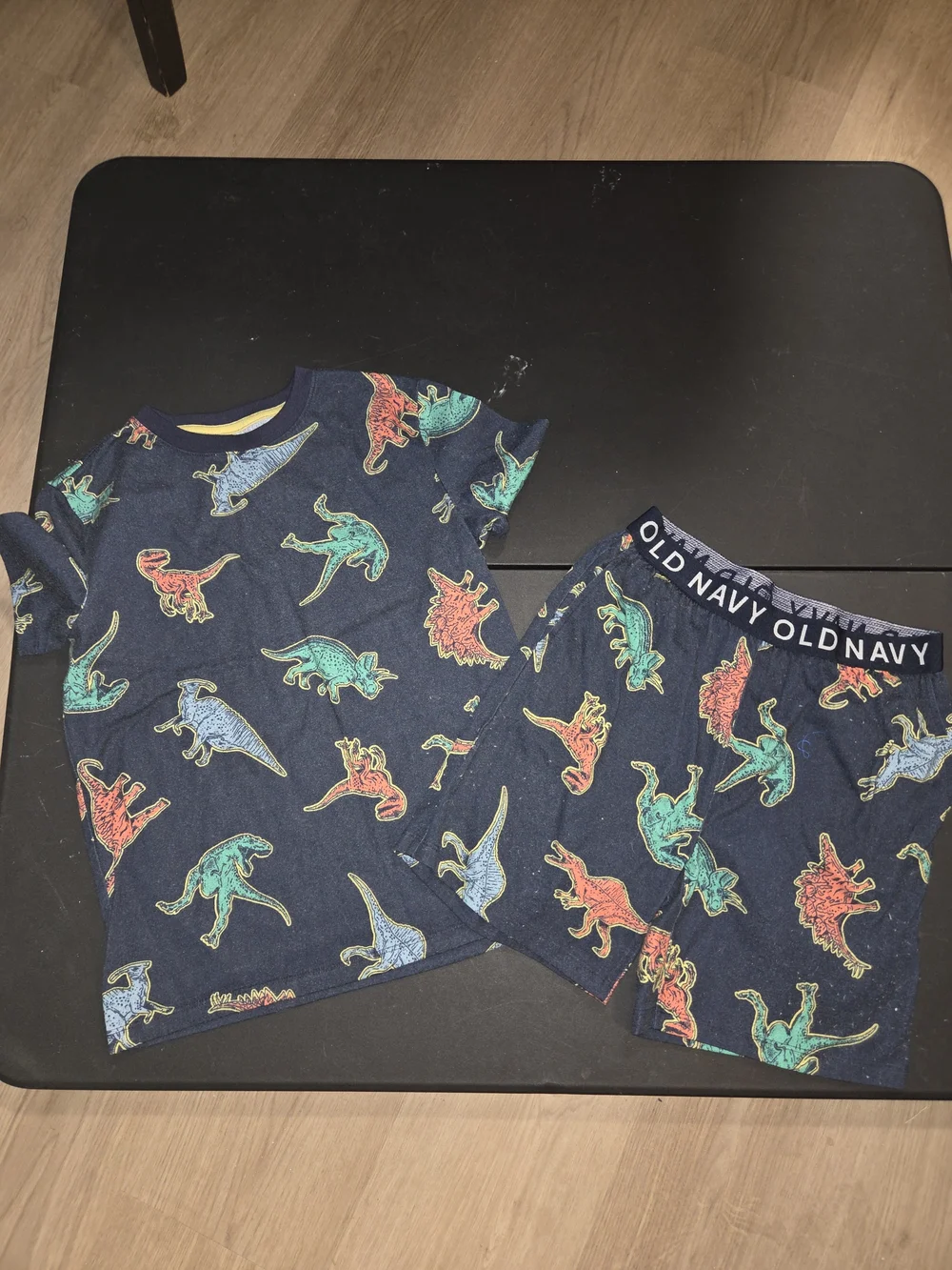 Old Navy Navy Blue Dinosaur Pajama Set with Red, Green & Light Blue Dinosaurs